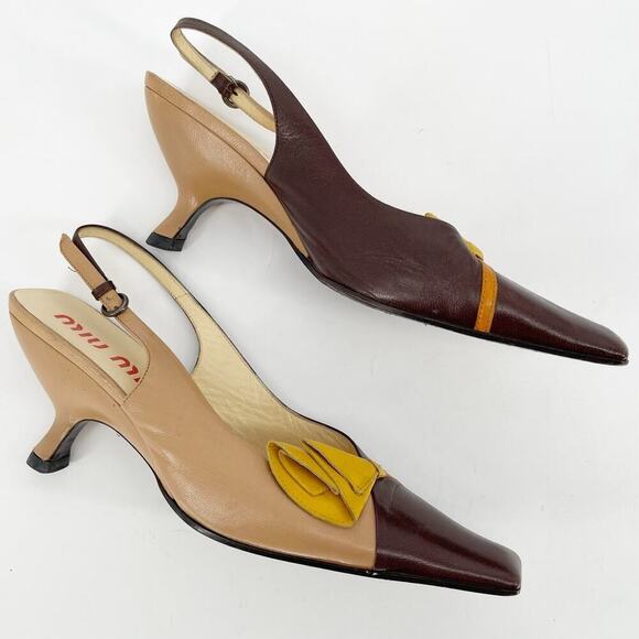Miu Miu Vintage Tan Brown Yellow Flower Detail Square Toe Slingback Heel IT 40 - Picture 3 of 12